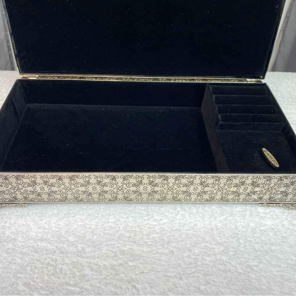 Ornate Cream and Silver Jewelry Box-“Hiba” Engraved-Velvet Interior|Plays Music